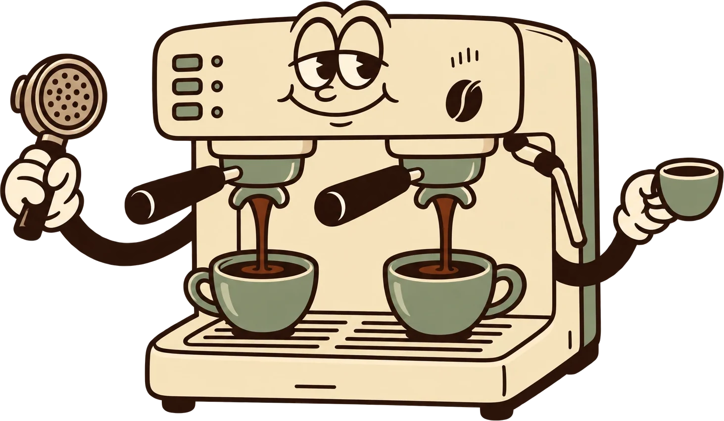 Cafetera sonriente sirviendo dos espressos